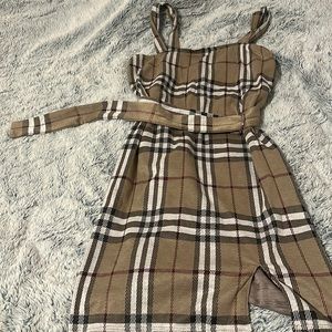 plaid, beige mini layered dress with belt. (rue 21)